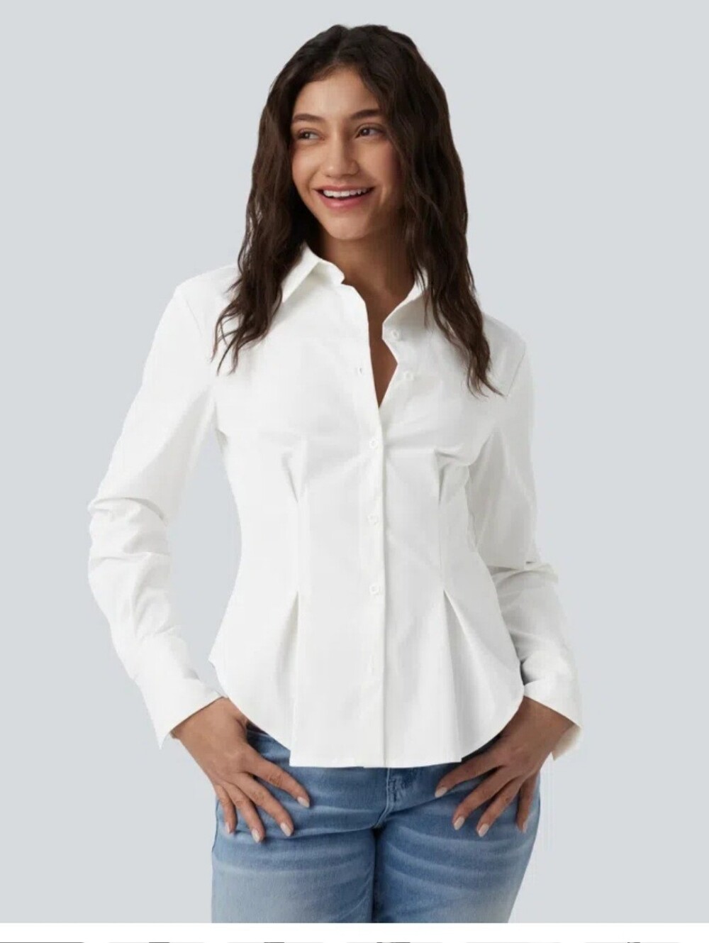 Halara T6White Long-Sleeve Button-Up Shirt